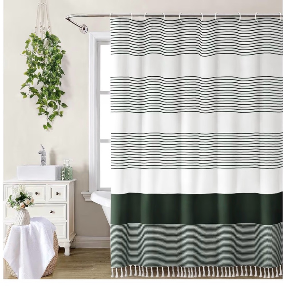 NWT awellife 72inx72in fabric shower curtain boho dark green stripe